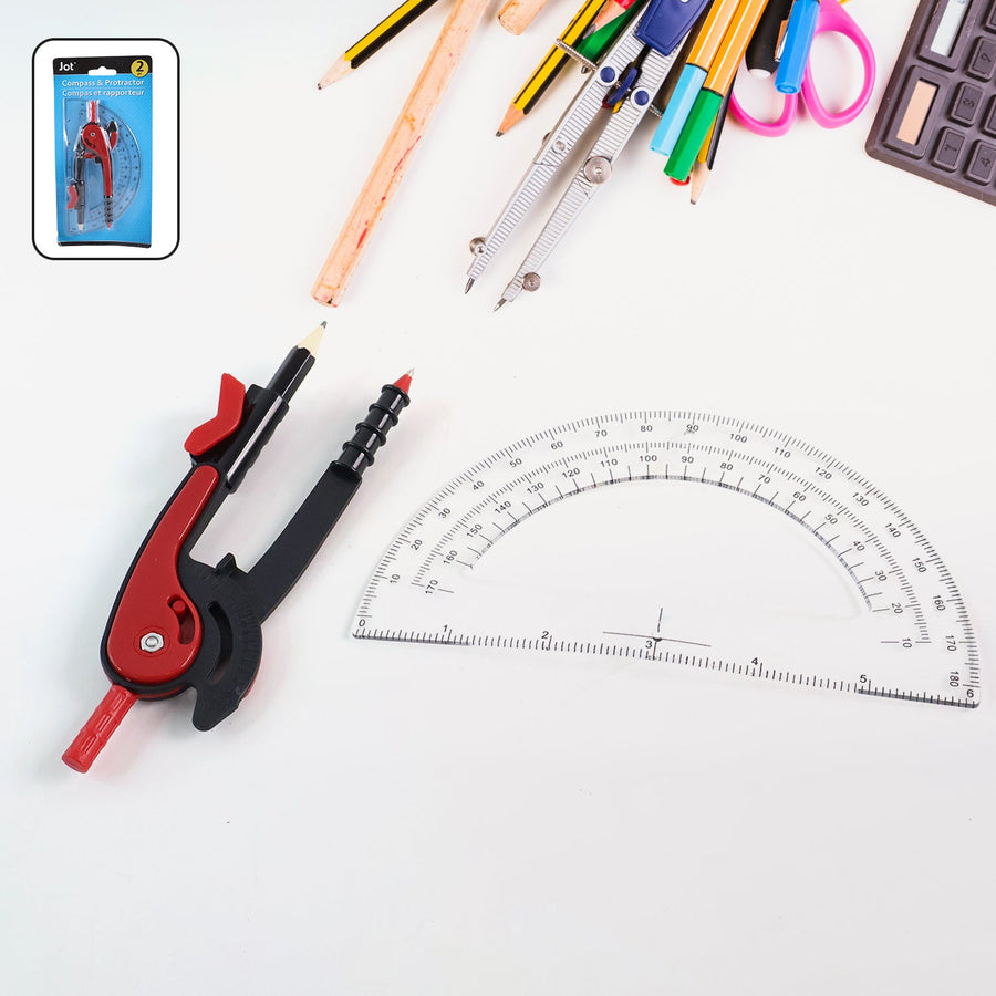 2 Pc Geometry Set – Built-in Pencil Grip & Transparent Plastic Protractor