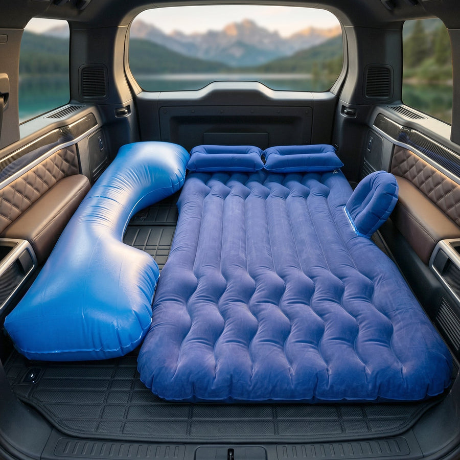 Portable Car Air Mattress Bed Set with Pump & Pillows Inflatable (Dark Blue)