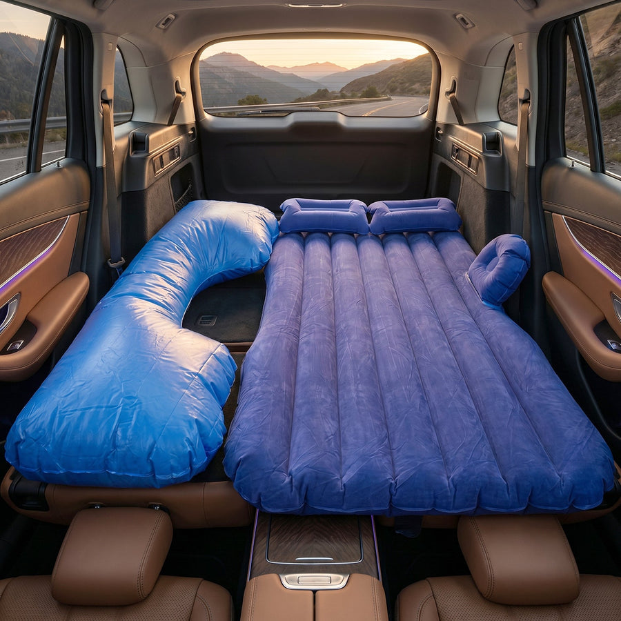 Portable Car Air Mattress Bed Set with Pump & Pillows Inflatable (Blue)