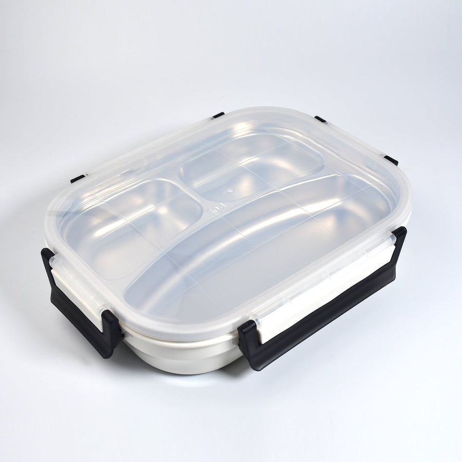White Transparent Lunch Box – Stainless Steel with 3 Compartments for Kids & Adults