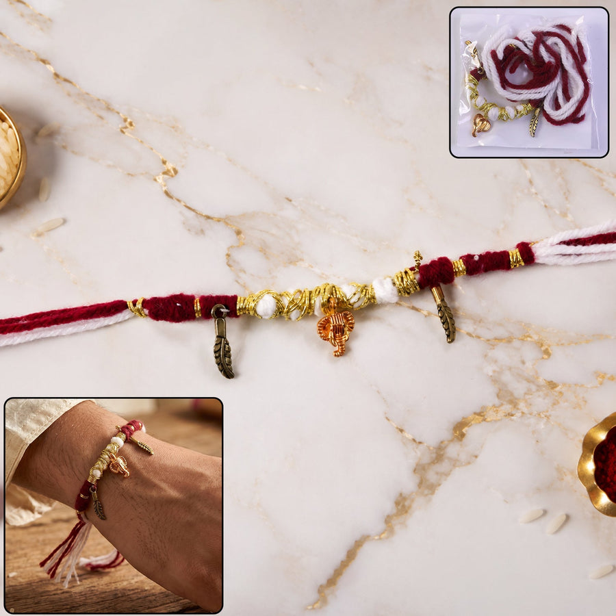Decorative Thread Rakhi Bracelet with Ganesh & Feather Charms (1 Pc)